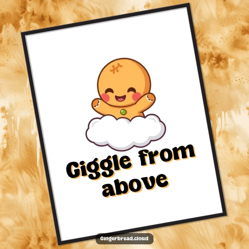 Funny digital art print of a gingerbread character giggling happily while floating on a cloud, perfect for whimsical wall decor.