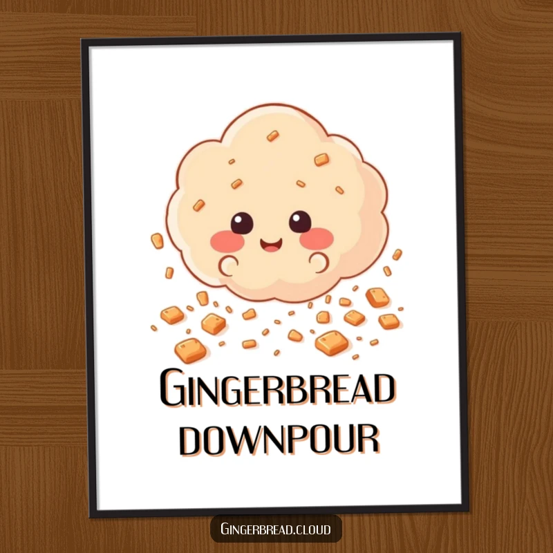 Funny Digital Art Print of a cloud scattering happy gingerbread cookie crumbs like rain, a high-resolution, humorous illustration for instant download.