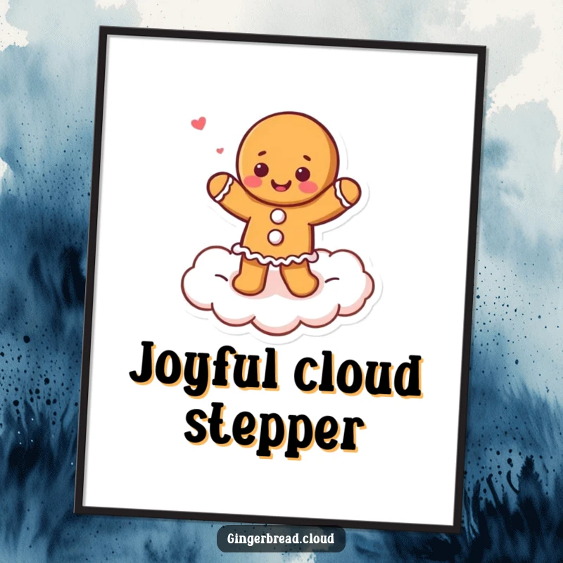Funny digital gingerbread dancer art, character joyfully dancing on a cloud, whimsical decor.