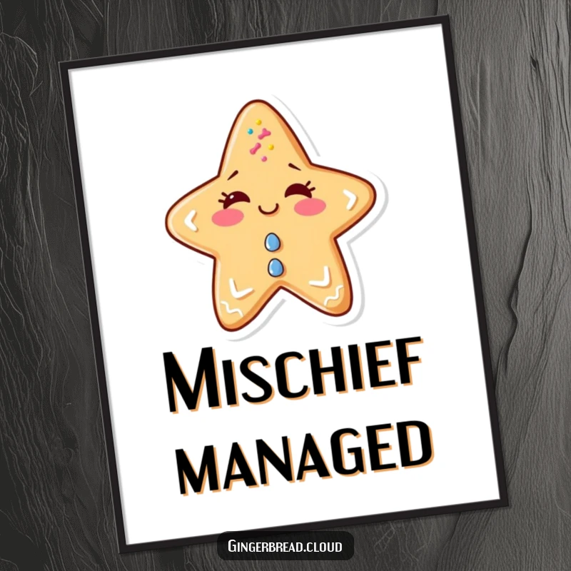 Funny digital art of a mischievous gingerbread star winking, a sprinkle-covered, humorous printable.