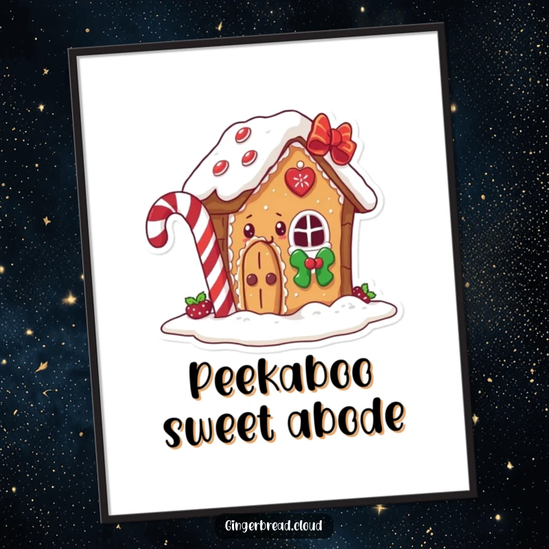 Funny gingerbread house digital art print, a happy character peeking from behind a candy cane, festive and whimsical.