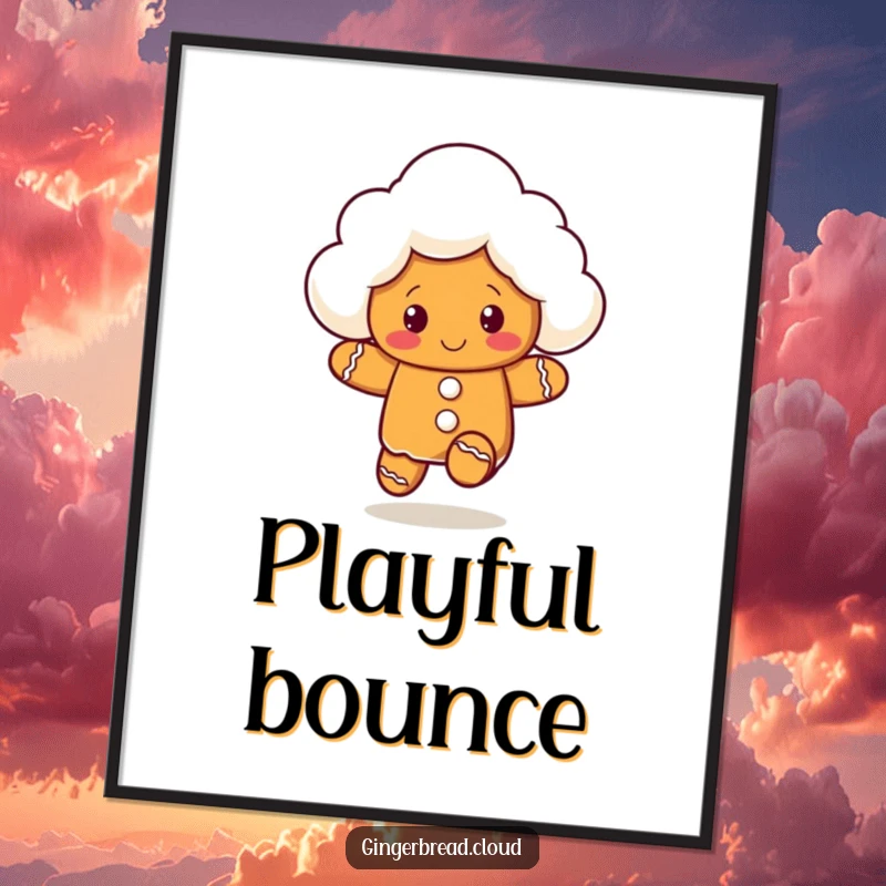 Funny digital art print of a gingerbread cloud character bouncing playfully, designed to add instant fun and energy.