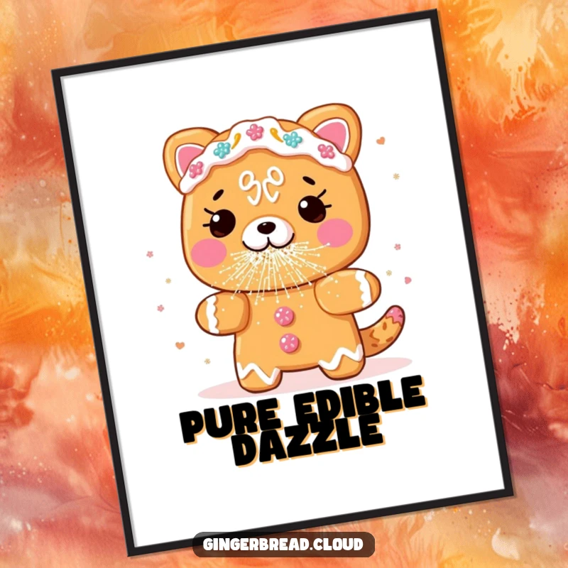 Funny gingerbread animal digital art, sneezing edible glitter, whimsical and festive wall decor, perfect funny gift for instant joy.
