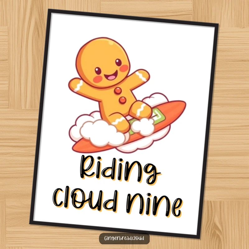 Funny gingerbread man grinning while surfing on a cloud, as a digital art print for instant, whimsical wall decor.