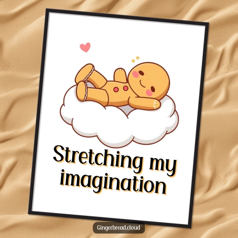 Funny gingerbread character stretching happily on a soft cloud bed, as a digital art print.