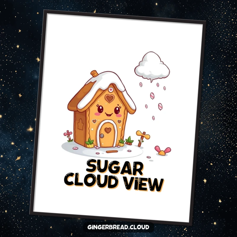 Funny digital art print of a happy gingerbread house with icing, watching a whimsical cloud rain candy.