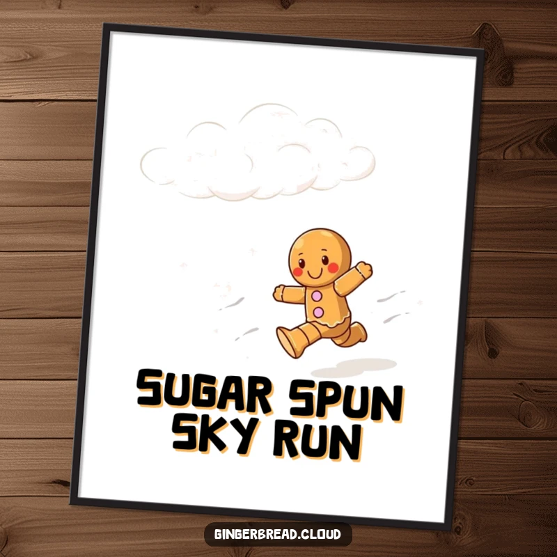 Funny digital art print of a gingerbread character joyfully running at full speed through a whimsical, cloudy sky.