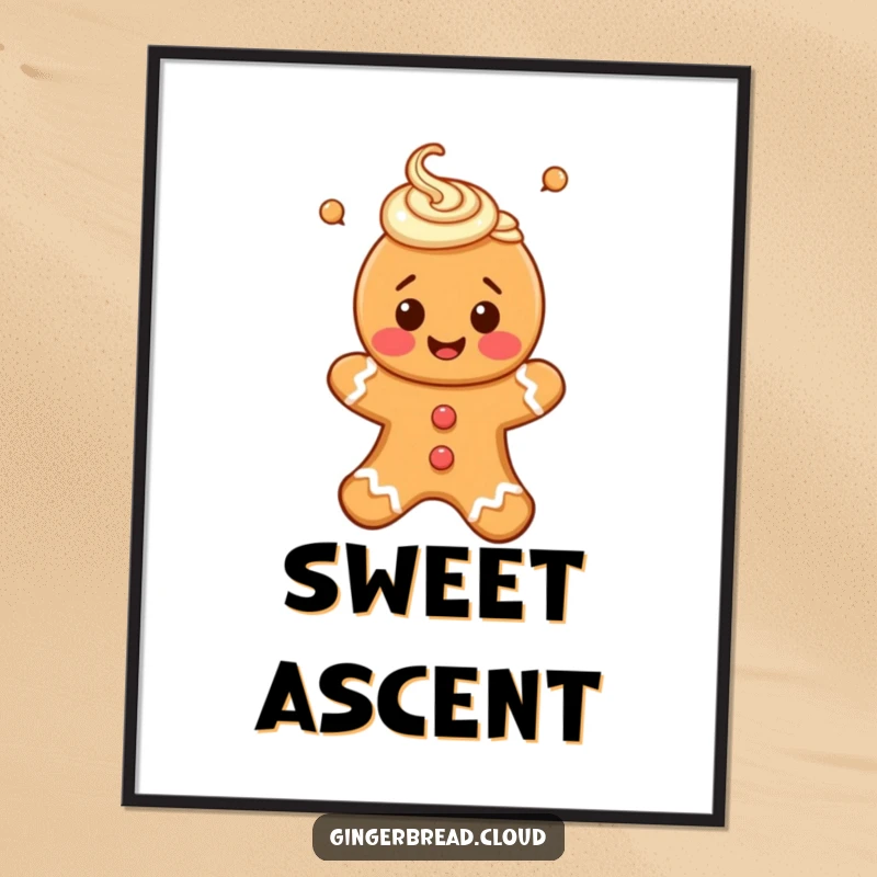 Funny digital art print of a happy gingerbread person with icing swirls, floating upwards, designed for instant cheer.
