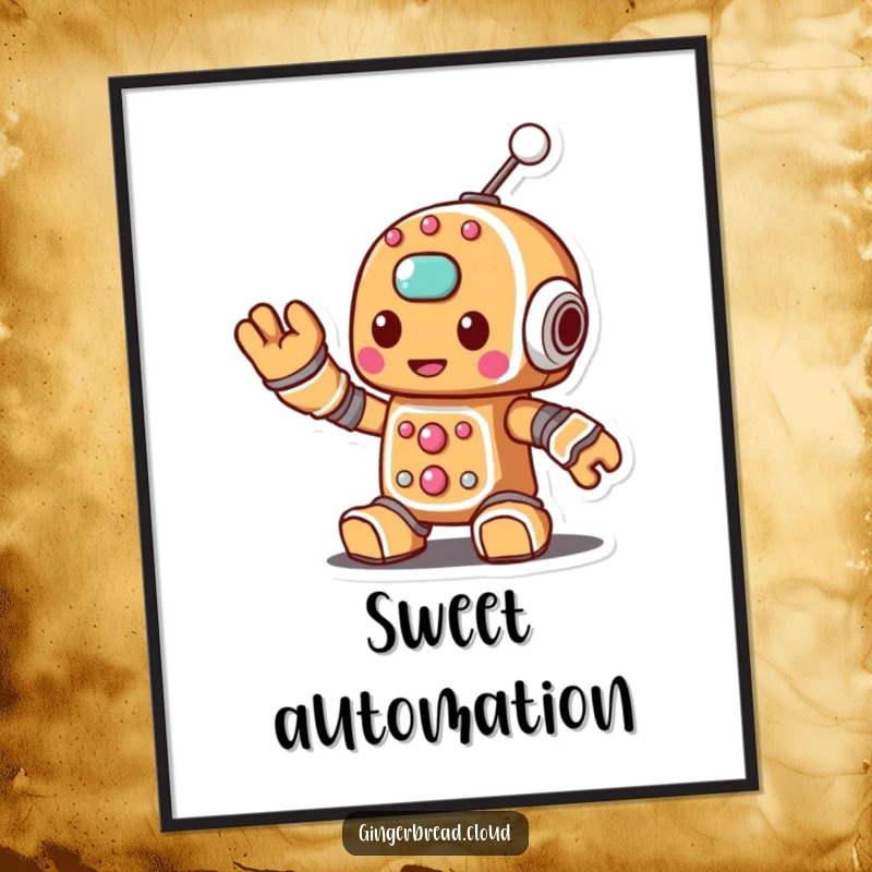 Funny digital art print of a gingerbread robot character waving a sugary antenna, designed for instant techy flair.