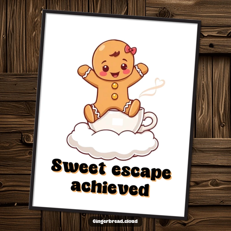 Funny digital art print of a gingerbread boy leaping over a steaming coffee cup cloud, ready for holiday decor download.