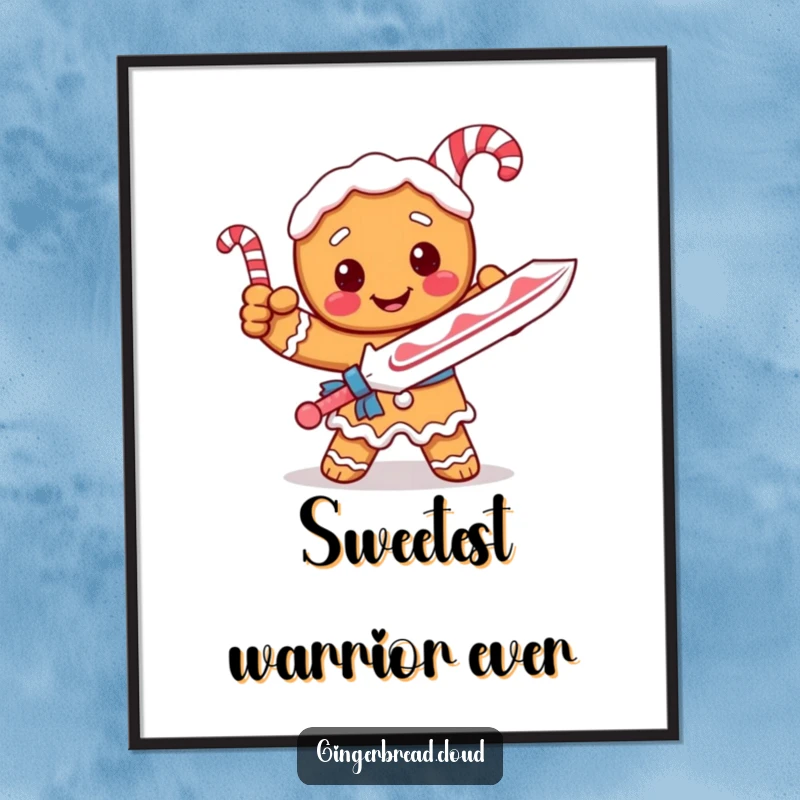 Funny digital art print of a gingerbread knight striking a pose with a candy cane sword, full of charm.