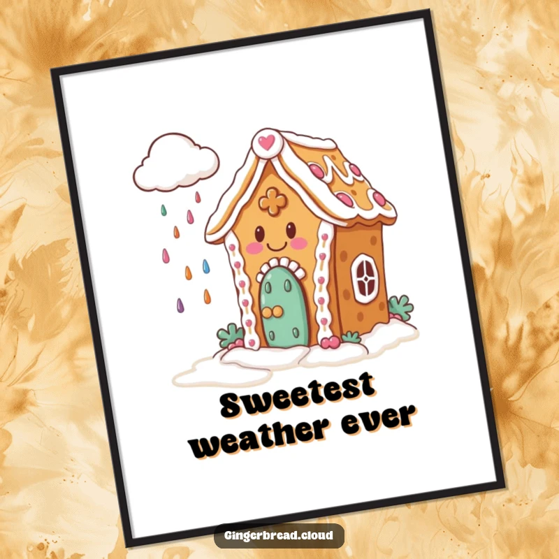 Funny Digital Art: High-resolution image of a happy gingerbread house with icing, watching a cloud rain colorful candies.