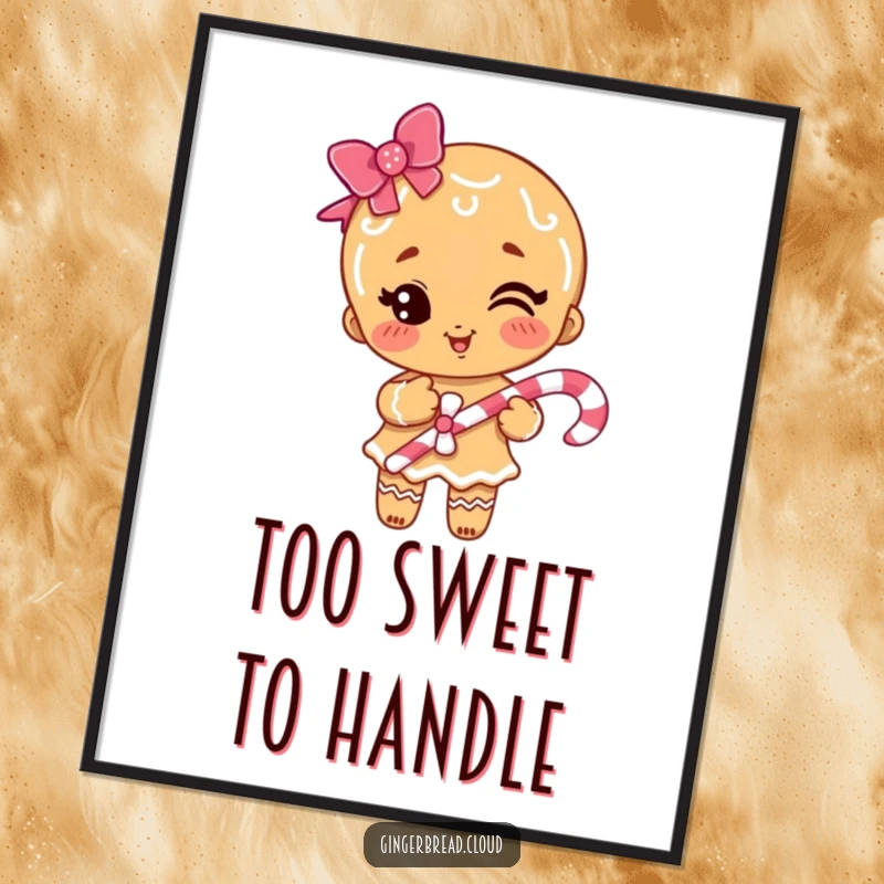Digital art of a funny gingerbread girl winking and holding a candy cane, ready to be printed and displayed.