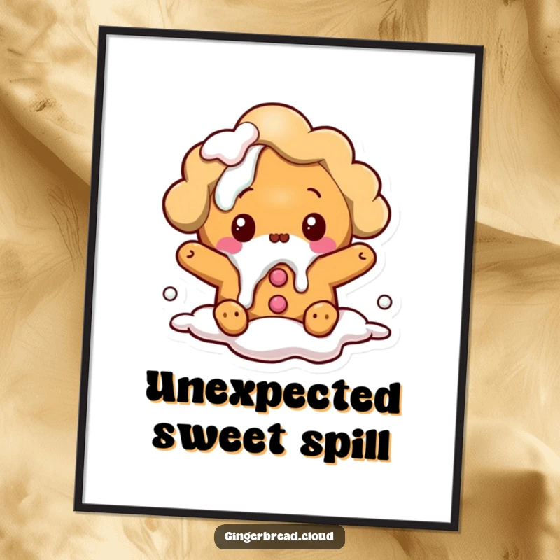 Funny digital art: A surprised gingerbread cloud character spills icing, creating a humorous and whimsical visual.