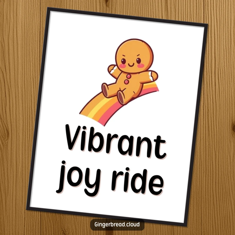 Funny gingerbread character happily sliding down a vibrant rainbow, presented as a high-resolution digital art print for instant download.