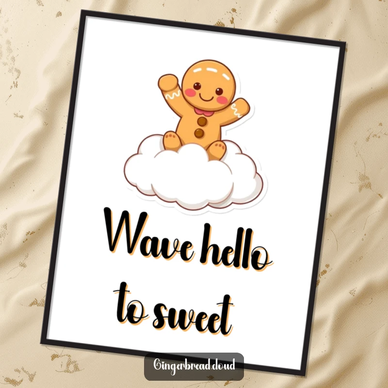 Funny digital art of a gingerbread person waving cheerfully from a cloud, offering a burst of happiness and friendly greetings.