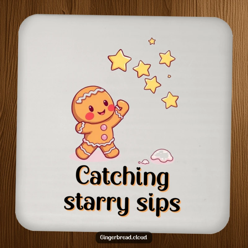 Funny gingerbread character attempting to catch falling sugar stars, whimsical drink coasters, magical and protective accessory.