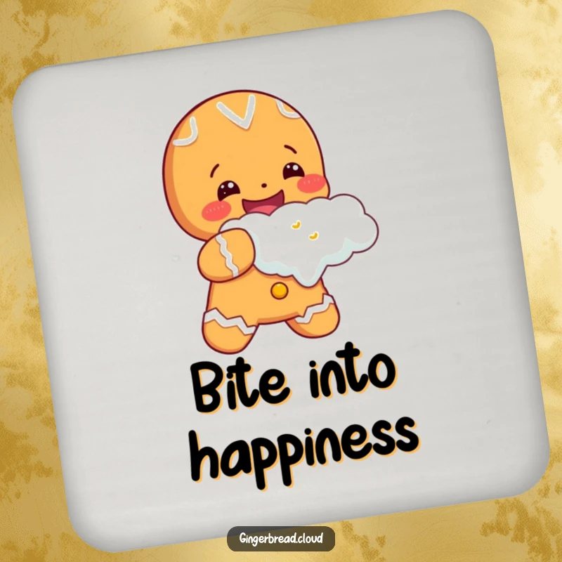 Cheerful gingerbread character taking a huge bite out of a fluffy cloud, on a drink coaster for table protection and happy decor.