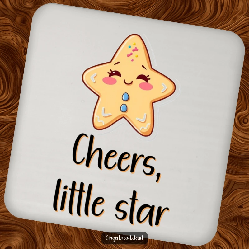 Funny drink coaster featuring a mischievous gingerbread star winking, adorned with sprinkles.