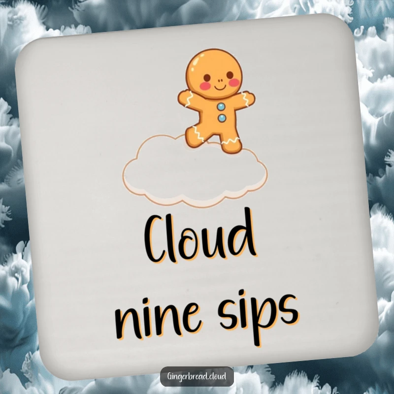 Funny lopsided gingerbread man comically attempts to hop onto a cloud on this coaster, offering a humorous and whimsical touch.