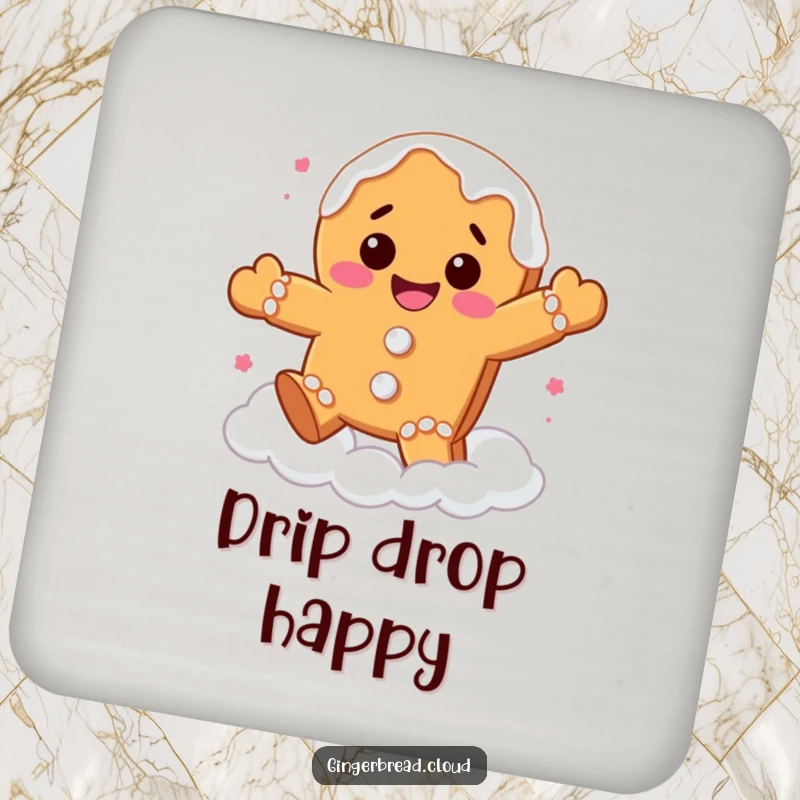Funny gingerbread cookie coaster featuring a joyful character bouncing on clouds, adding a sweet and humorous touch to your drinks.