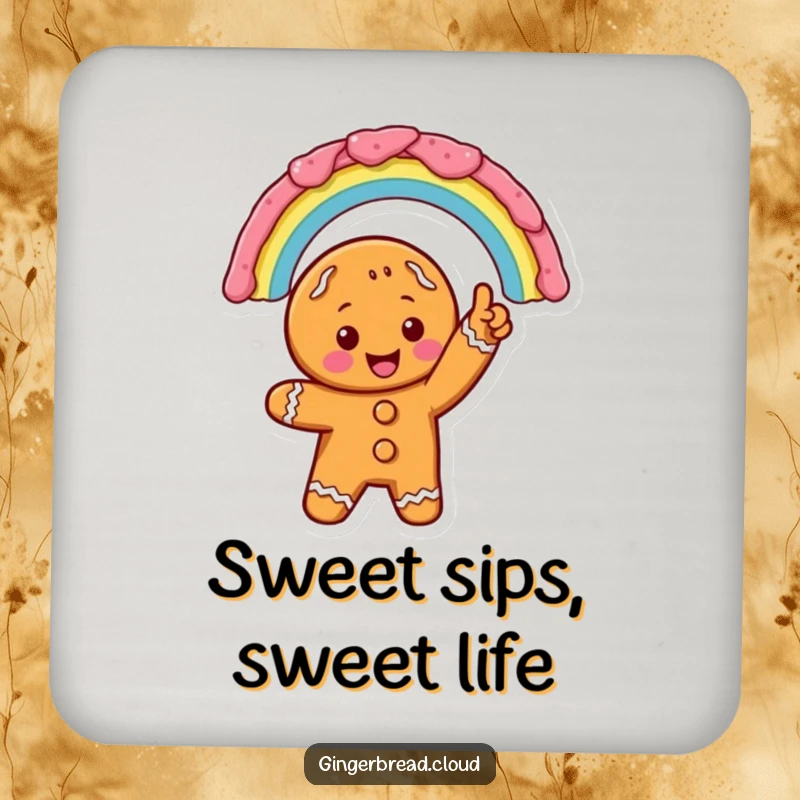 Excited gingerbread character pointing at a vibrant icing rainbow, on a drink coaster for table protection and cheerful decor.