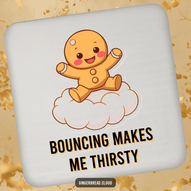 Funny gingerbread character bouncing on a fluffy cloud, printed on a protective drink coaster.