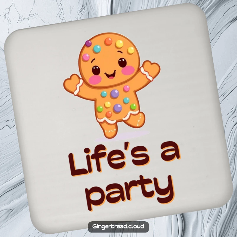 Funny Drink Coaster featuring a candy-covered gingerbread man joyfully hopping, adding a sweet and humorous touch to tabletops.