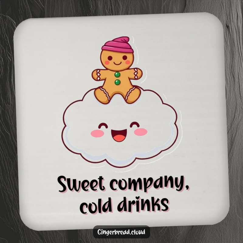 Funny drink coaster depicting a happy cloud character with a gingerbread man perched on top.