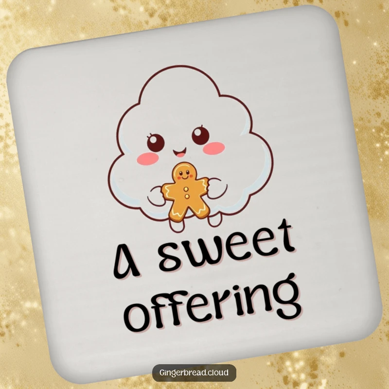 Funny cloud character drink coaster featuring a smiling cloud offering a piece of gingerbread, for kind surface protection.