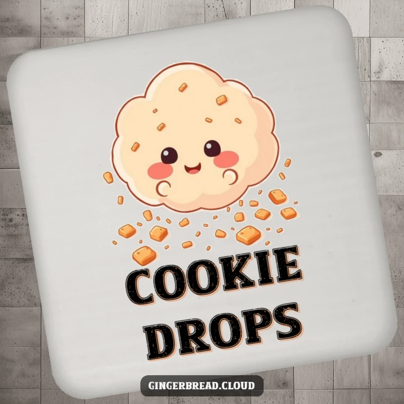Funny Drink Coaster with a cloud scattering happy gingerbread cookie crumbs like rain, offering surface protection with whimsical and humorous baking art.