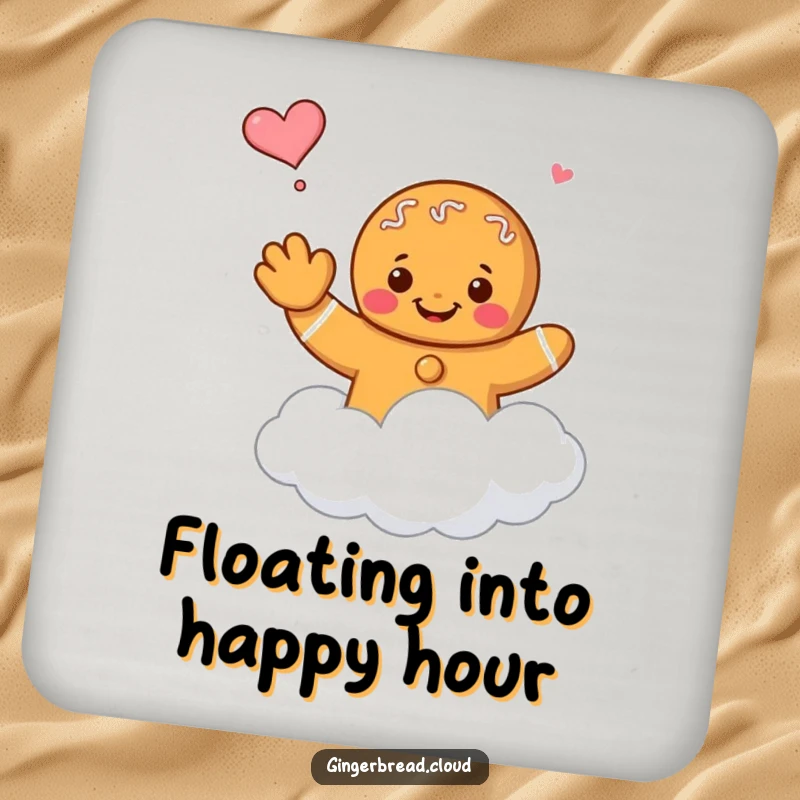 Funny gingerbread character waving goodbye while floating on a cloud, printed on a protective drink coaster.