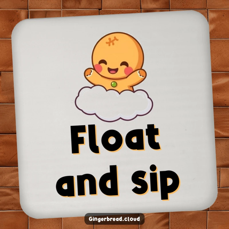 Funny coaster featuring a gingerbread character giggling on a cloud, designed to protect surfaces with whimsical humor.