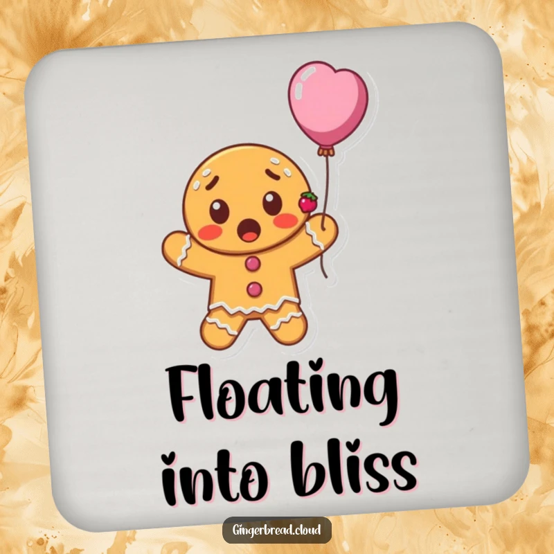 Funny surprised gingerbread cookie character with currants floating upwards on a balloon, whimsical drink coasters, cheerful protective accessory.