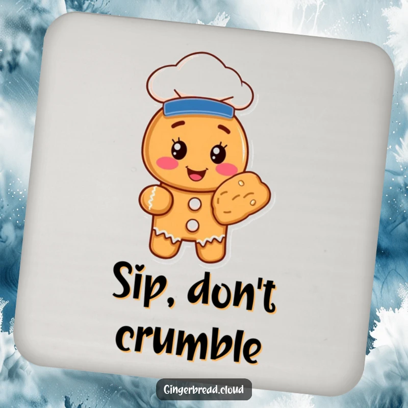 Funny gingerbread cookie chef character featured on protective drink coasters, adding humor to table settings.