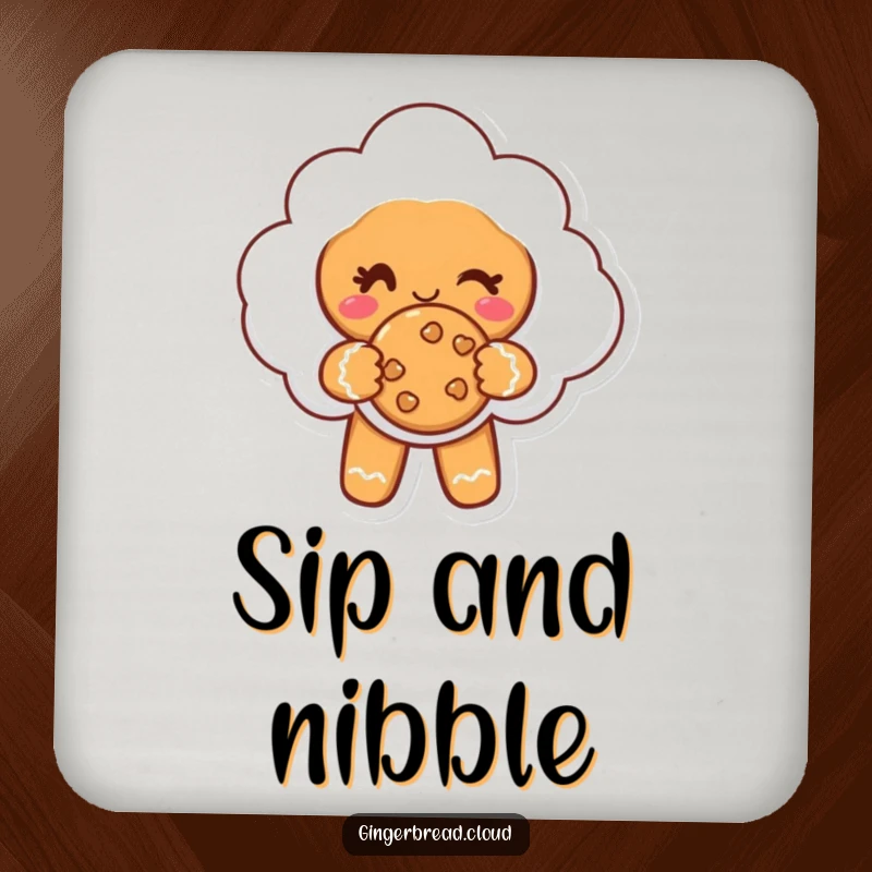 Funny drink coaster showcasing a gingerbread cloud character winking and offering a cookie, perfect for adding charm.