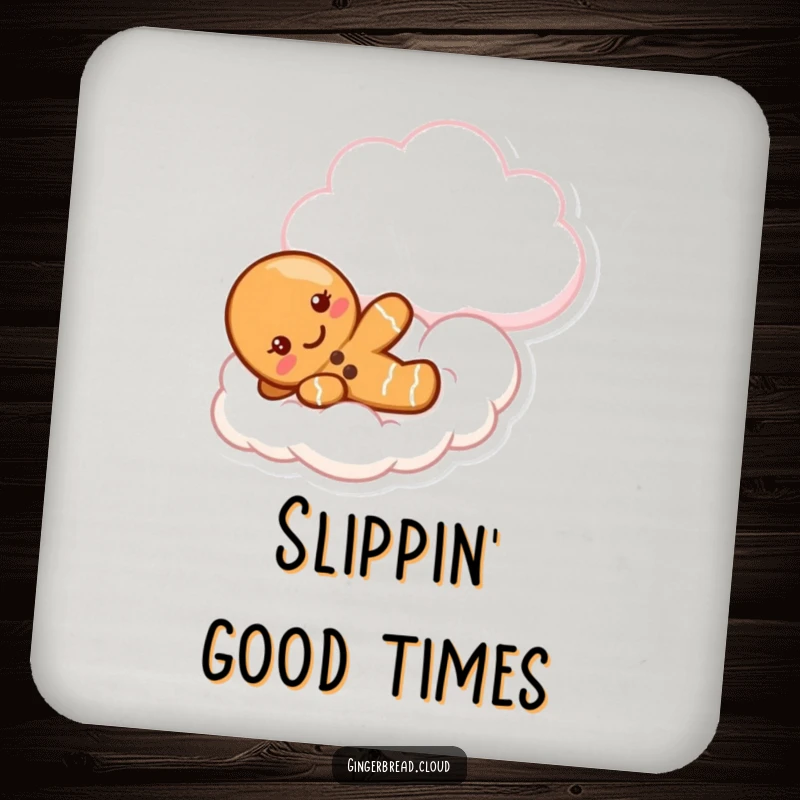 Funny gingerbread drink coasters showing a cute character sliding down a fluffy cloud, adding sweet charm.