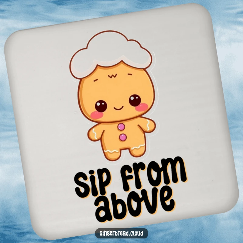 Funny coaster design of a gingerbread character wearing a cloud hat, adding whimsical charm to your home.