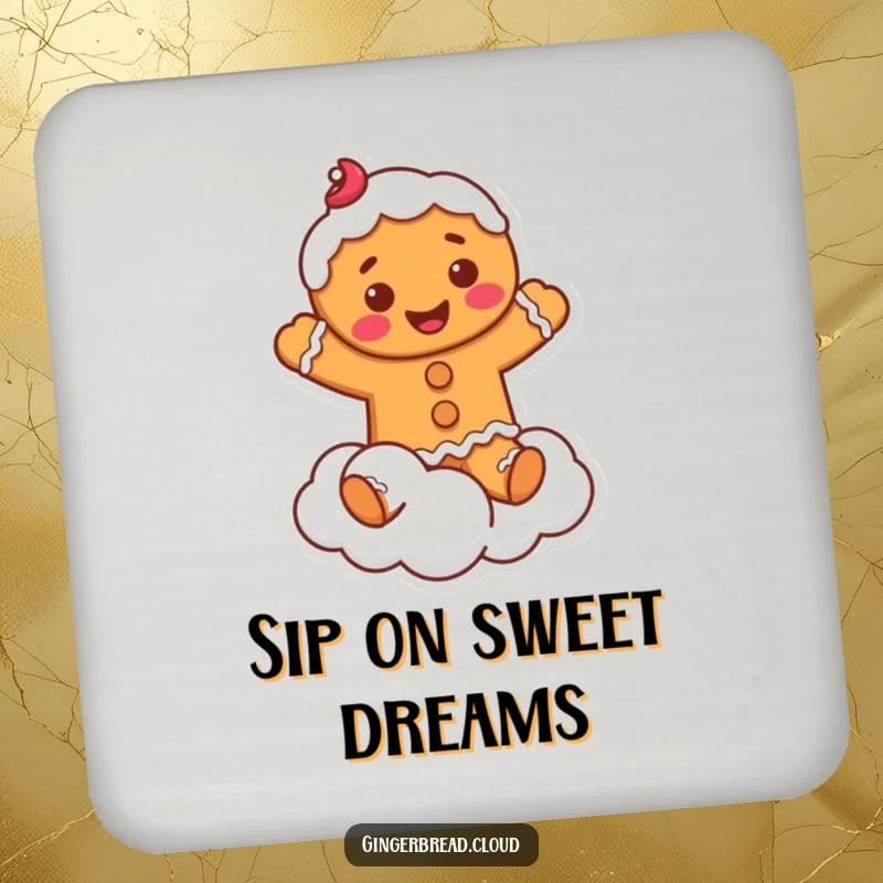 Funny Coaster: Durable disk featuring a smiling gingerbread man with frosting, playfully jumping on a fluffy cloud.