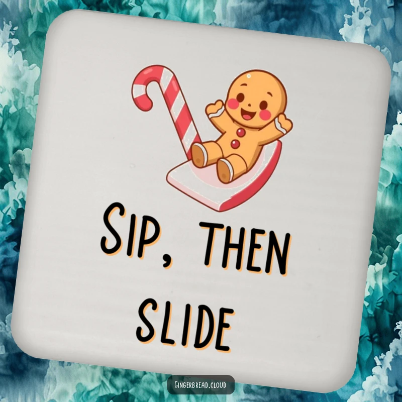 Funny coasters featuring a gingerbread cookie sliding down a candy cane, adding festive flair.