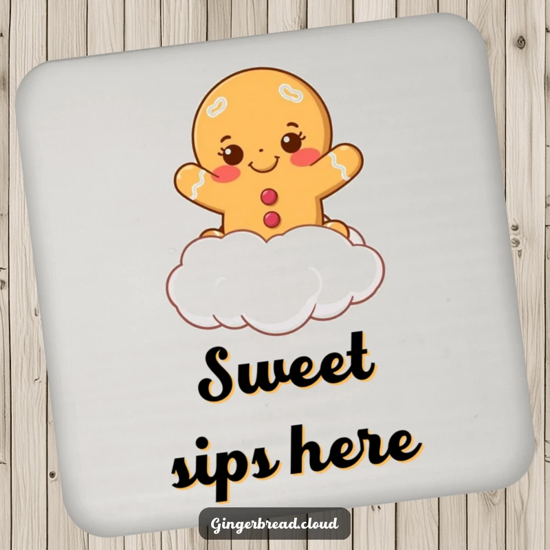 Funny smiling gingerbread cookie leaping from a cloud on a drink coaster. Protects furniture with holiday humor.