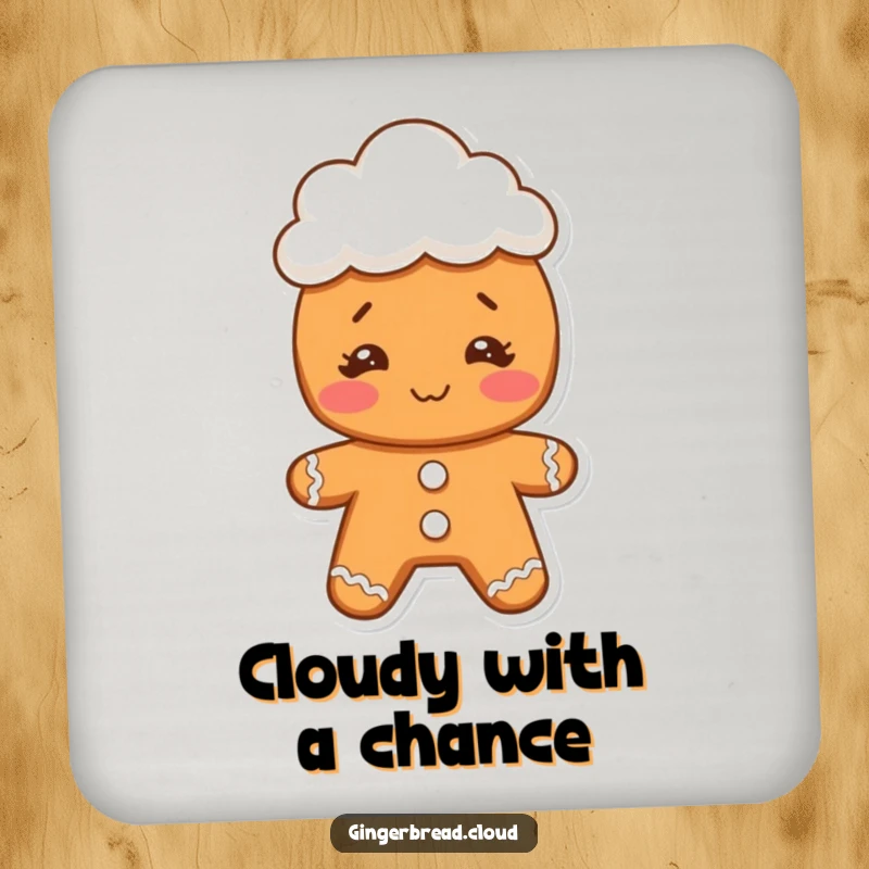 Funny gingerbread character with a humorous face, wearing a small cloud hat, on a drink coaster for table protection and humor.
