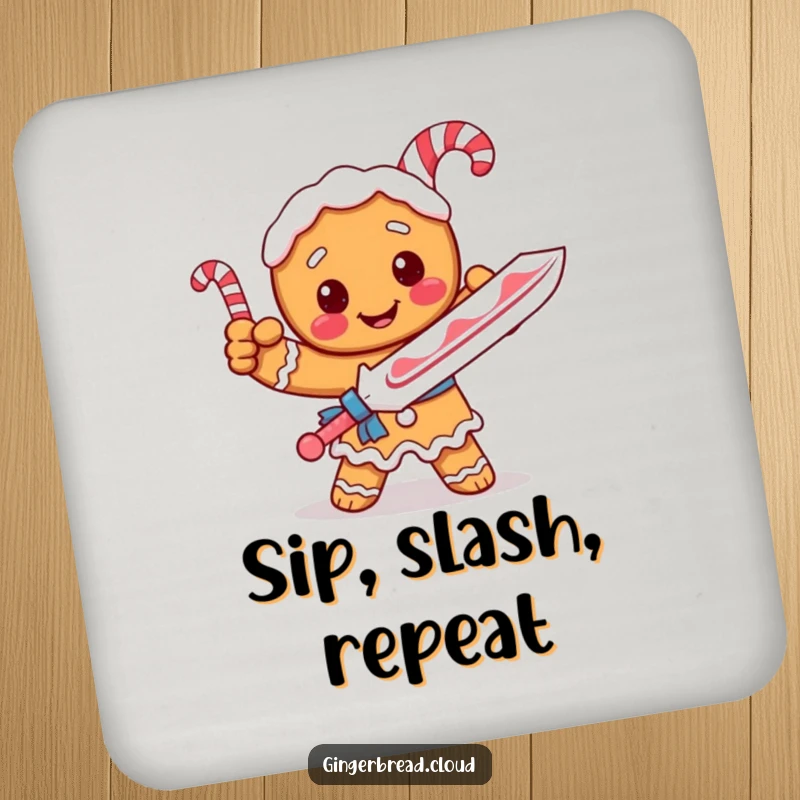 Funny coasters with a gingerbread knight holding a candy cane sword, offering playful defense.