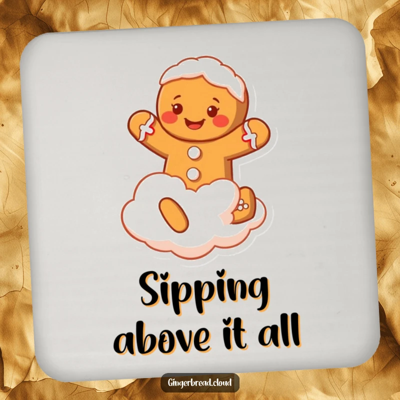 Funny Gingerbread Man Coaster: A smiling gingerbread character jumps on a cloud, serving as a funny and festive coaster.