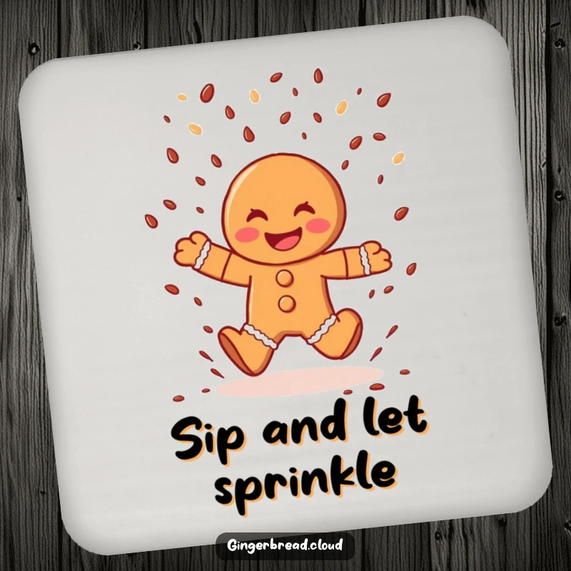 Funny gingerbread man coaster, a character leaping through chocolate sprinkles, protecting surfaces with humor.