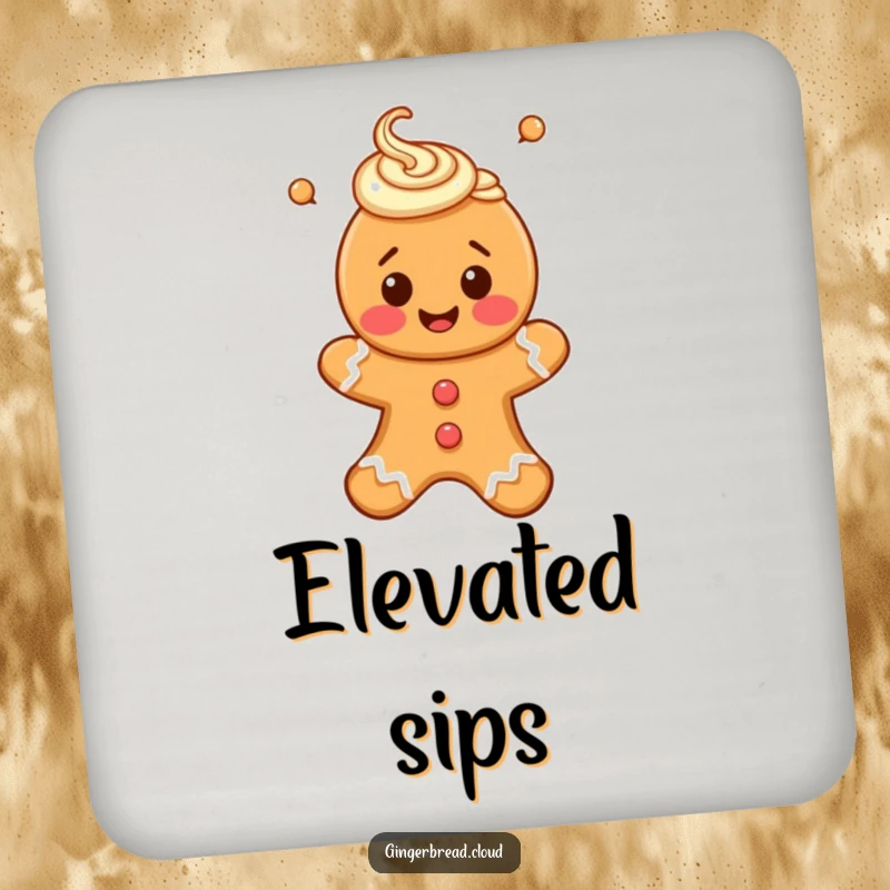 Funny drink coaster showcasing a happy gingerbread person with icing swirls, floating upwards, perfect for protecting surfaces.