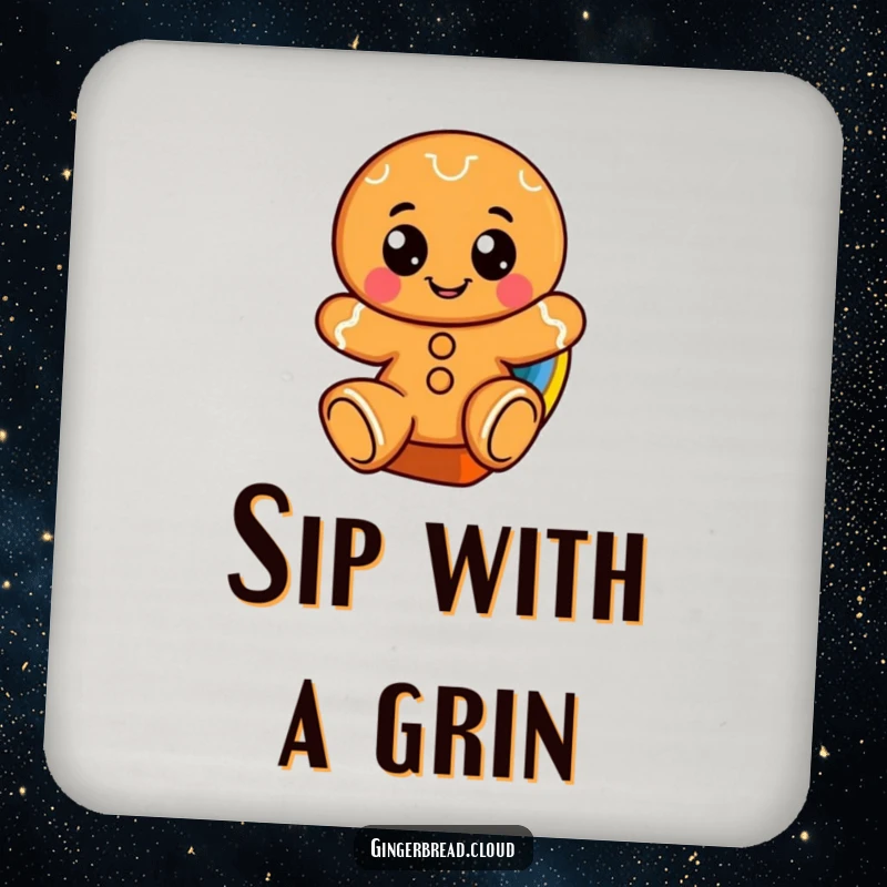 Funny drink coaster featuring a cheerful gingerbread character with big eyes sliding down a rainbow.