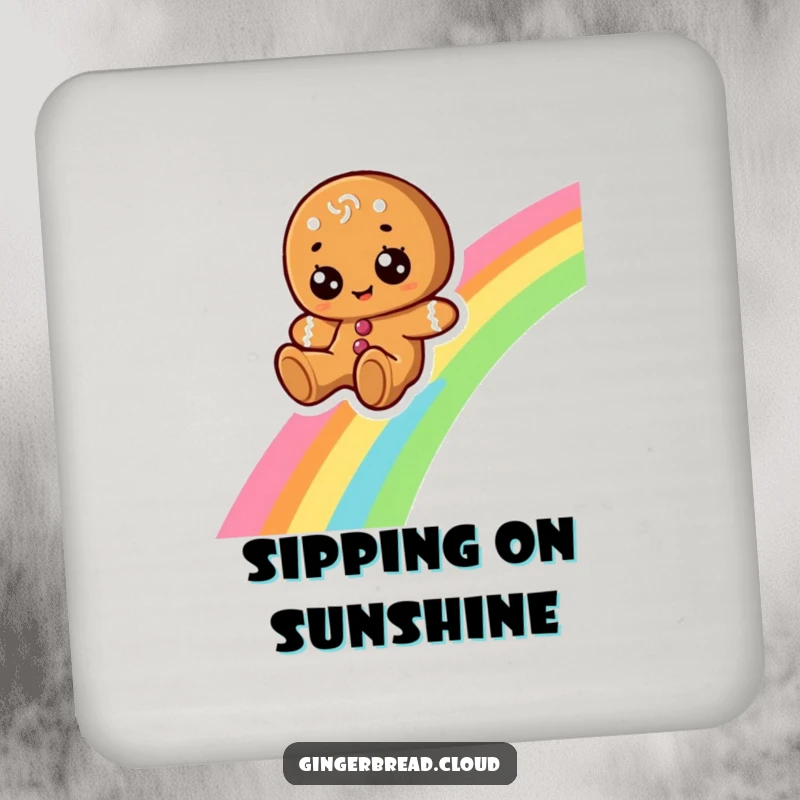 Funny drink coaster showcasing a cheerful gingerbread character with large eyes, sliding down a rainbow, adding color to surfaces.