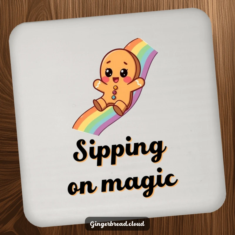 Funny coaster with a gingerbread cookie sliding down a rainbow with a surprised expression, offering festive table protection.