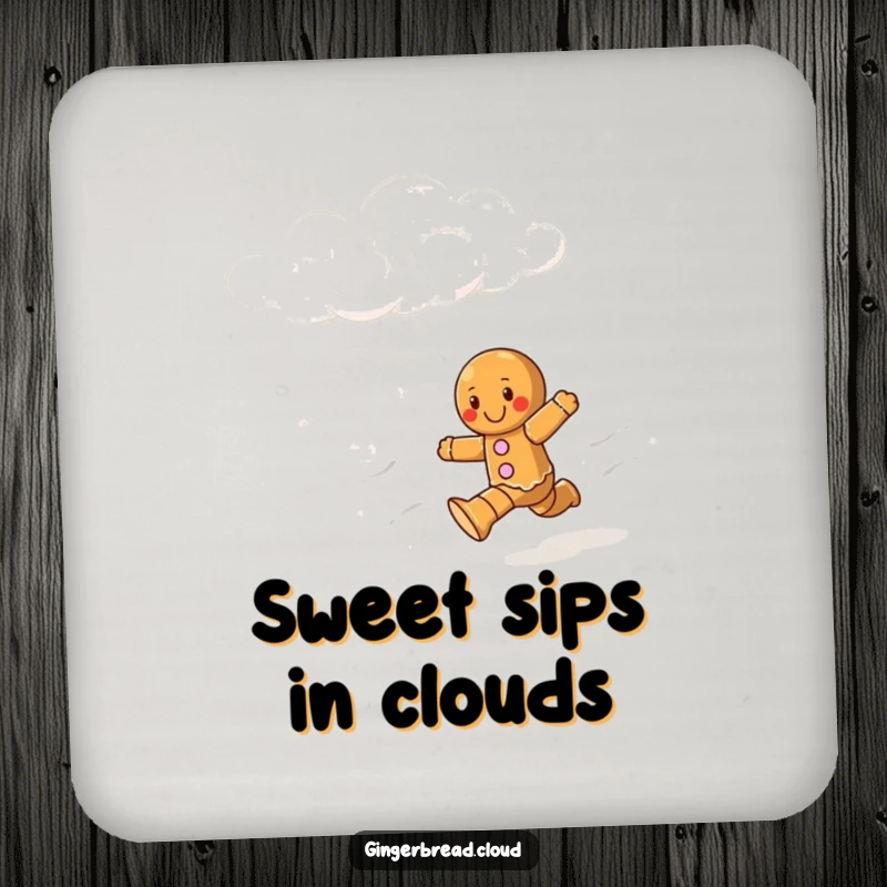 Funny drink coaster depicting a gingerbread character joyfully running across a soft, cloudy sky.